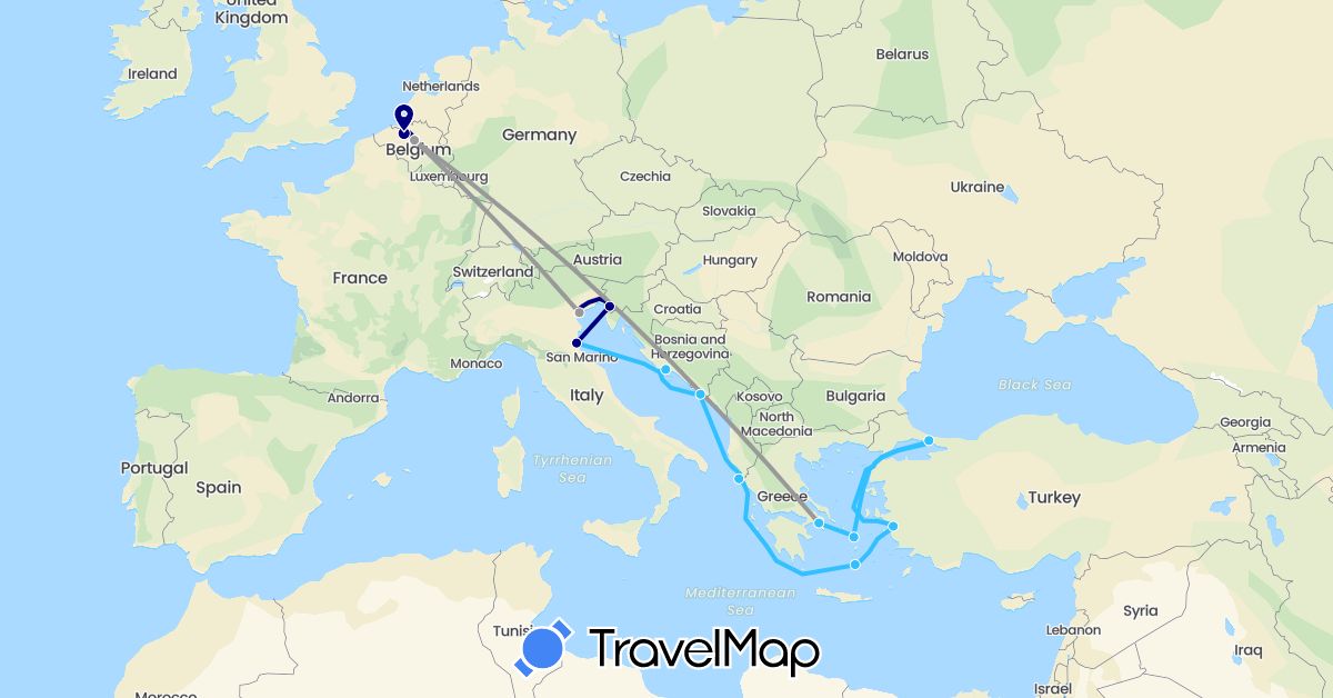 TravelMap itinerary: driving, plane, boat in Belgium, Greece, Croatia, Italy, Turkey (Asia, Europe)
